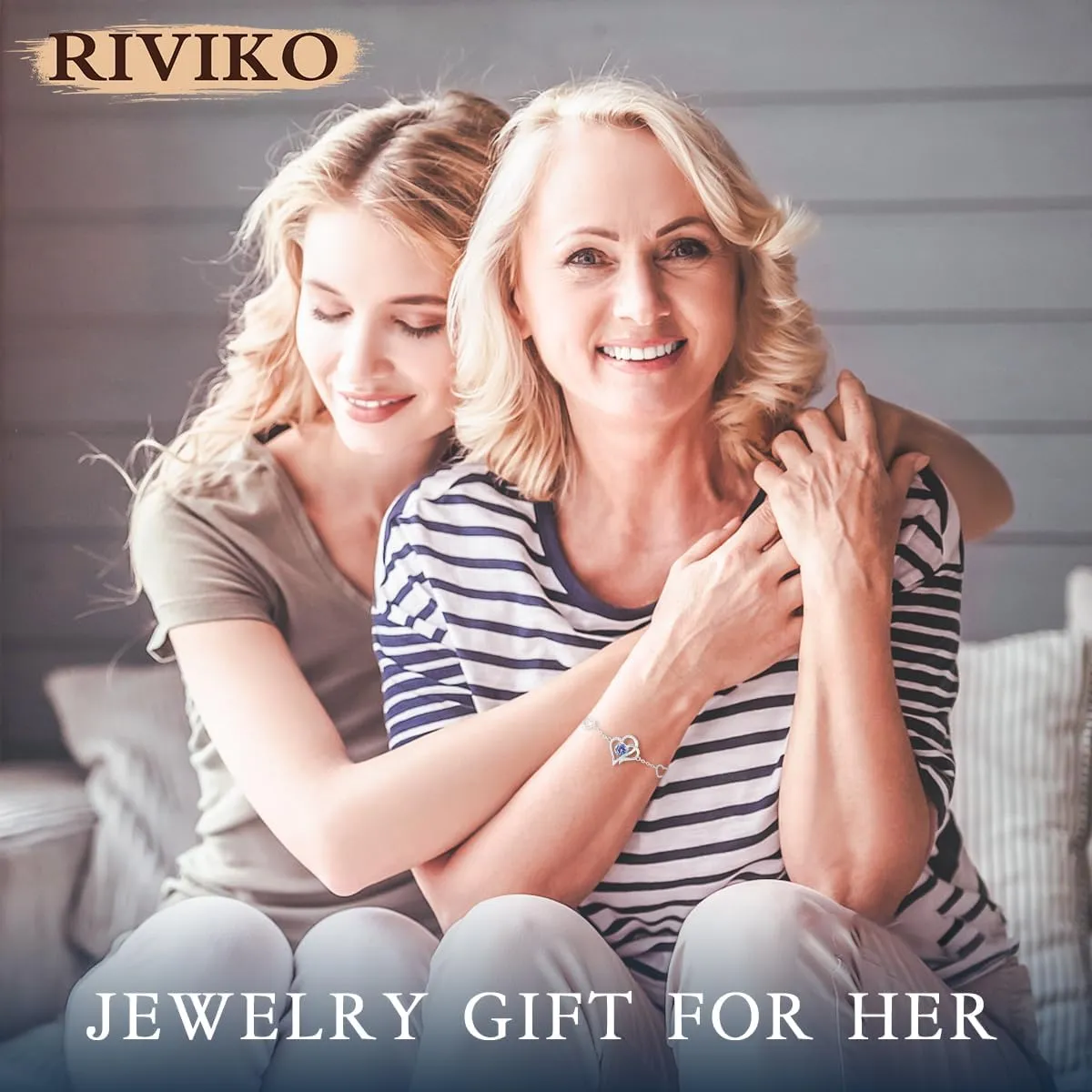 RIVIKO Love Heart Charm Bracelet For Women 925 Sterling Silver With Zirconia Birthstone Bracelets Adjustable Link for Mother Wife Sister Birthday Mother's Day Anniversary Jewelry Gift