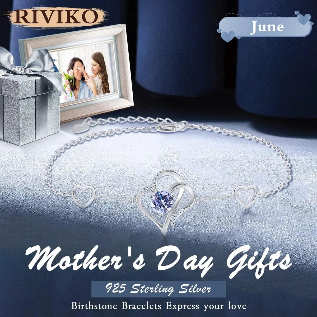 RIVIKO Love Heart Charm Bracelet For Women 925 Sterling Silver With Zirconia Birthstone Bracelets Adjustable Link for Mother Wife Sister Birthday Mother's Day Anniversary Jewelry Gift