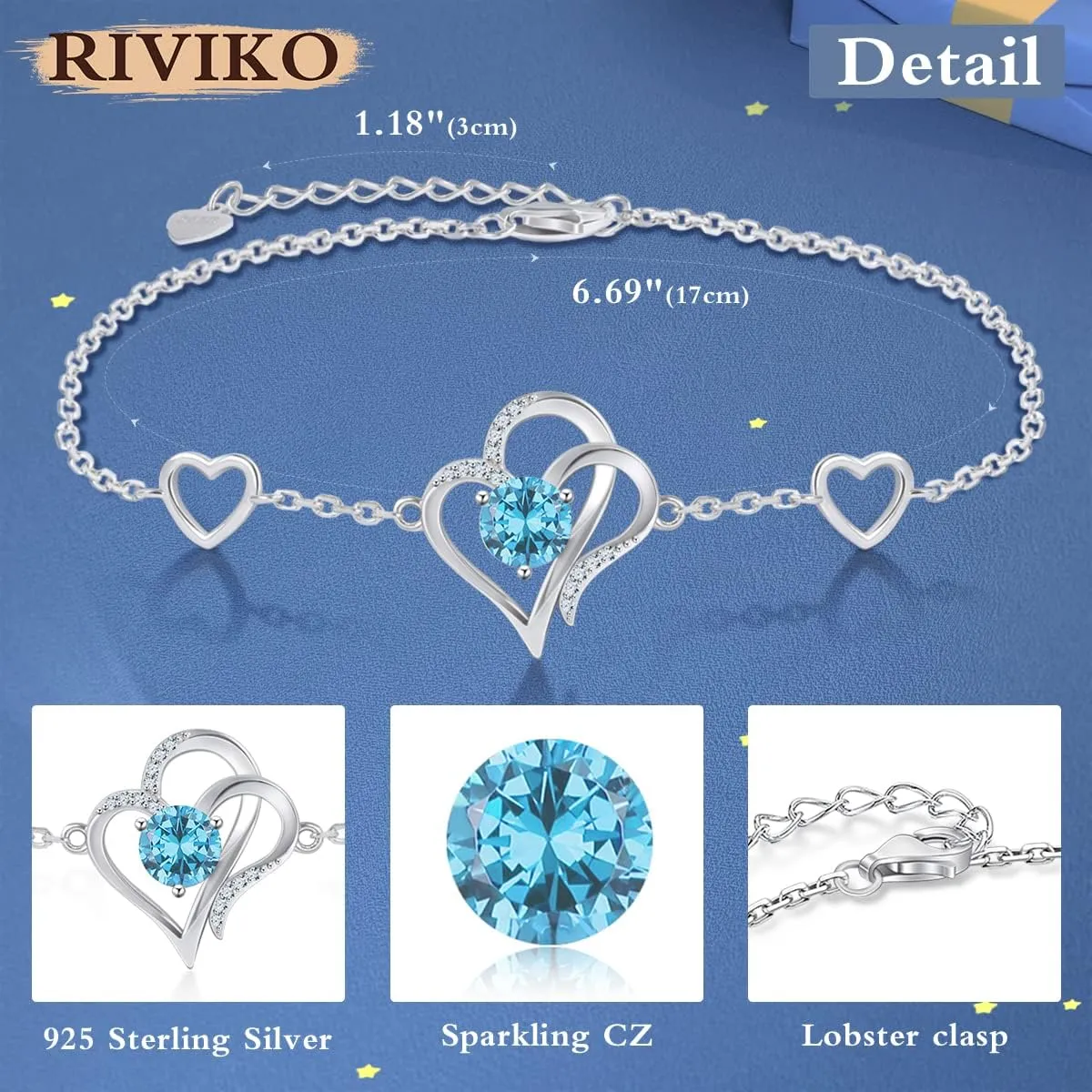 RIVIKO Love Heart Charm Bracelet For Women 925 Sterling Silver With Zirconia Birthstone Bracelets Adjustable Link for Mother Wife Sister Birthday Mother's Day Anniversary Jewelry Gift