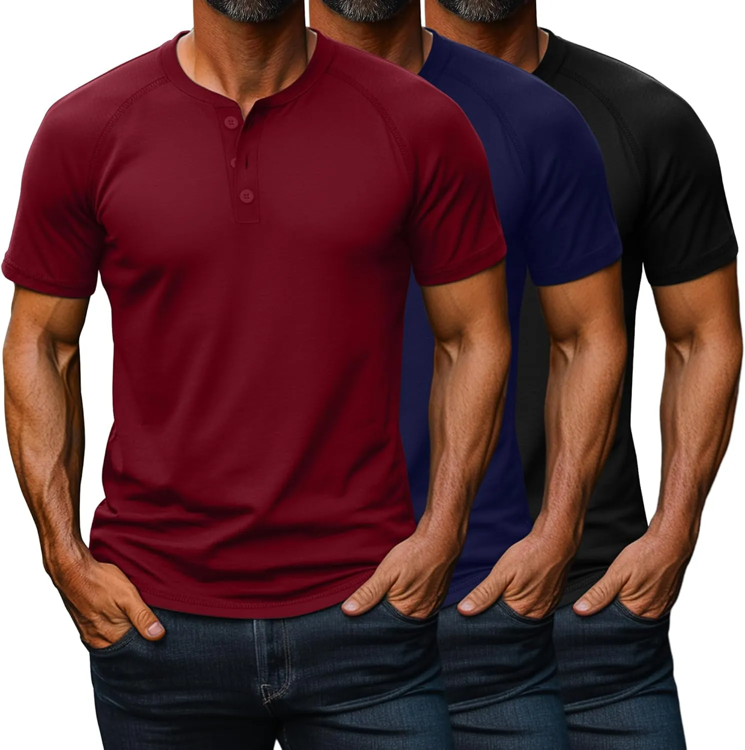 Riyiper 3 Pack Henley Shirts for Men Short Sleeve Raglan M-5XL Cotton Regular and Big Tall Tops Casual Summer Basic Tee