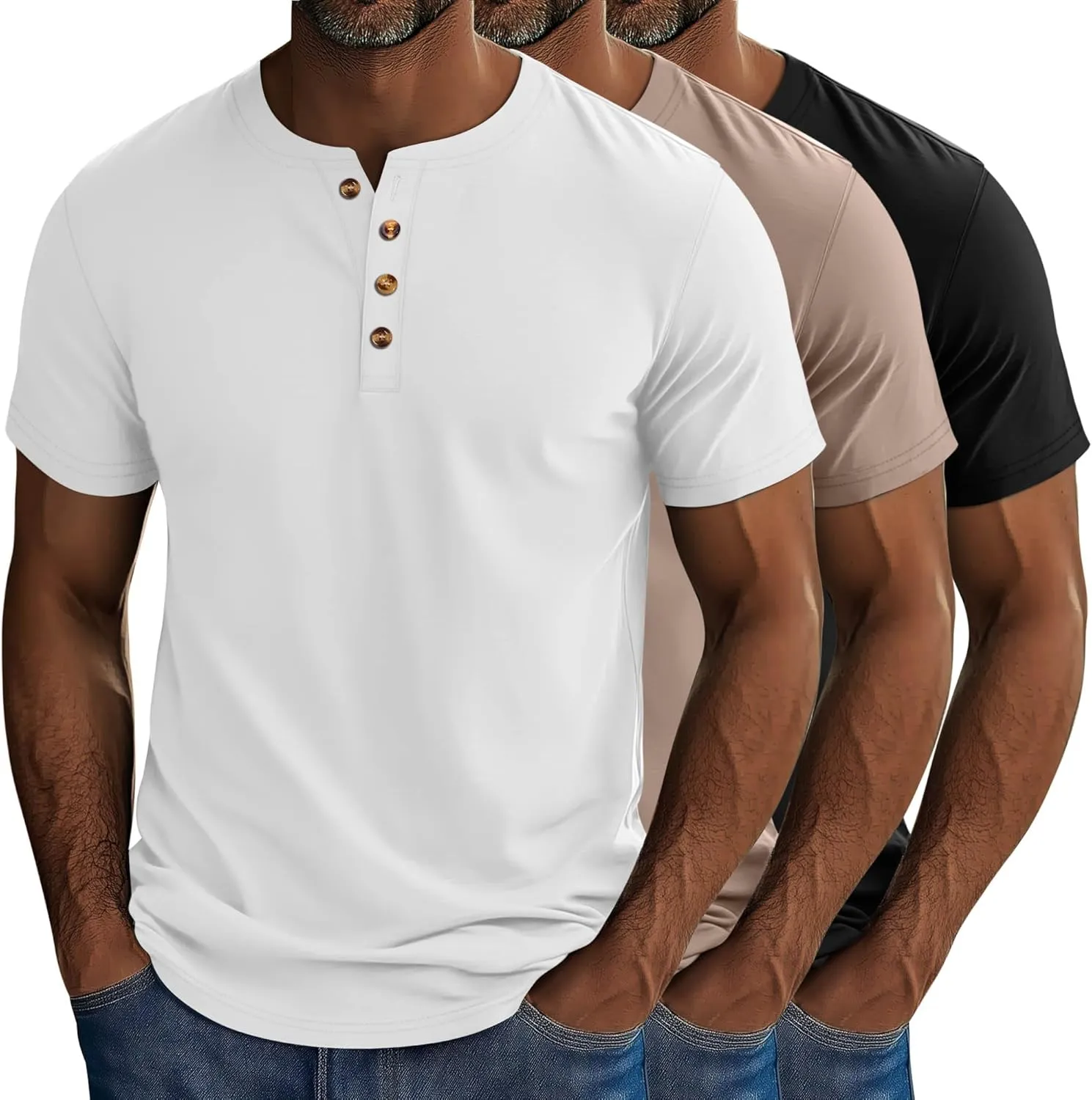 Riyiper 3 Pack Men's Big and Tall Henley T-Shirts Short Sleeve Cotton Plus Size Tees Loose Fit Plus Size Oversized Basic Tops