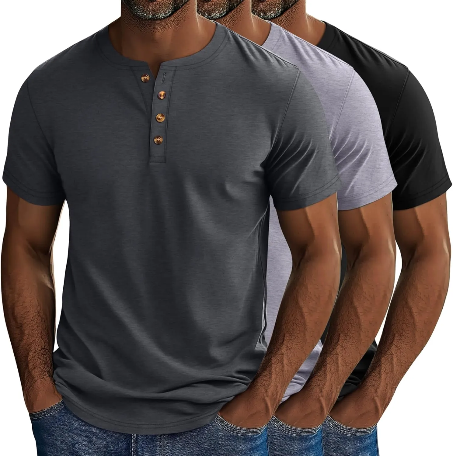Riyiper 3 Pack Men's Big and Tall Henley T-Shirts Short Sleeve Cotton Plus Size Tees Loose Fit Plus Size Oversized Basic Tops