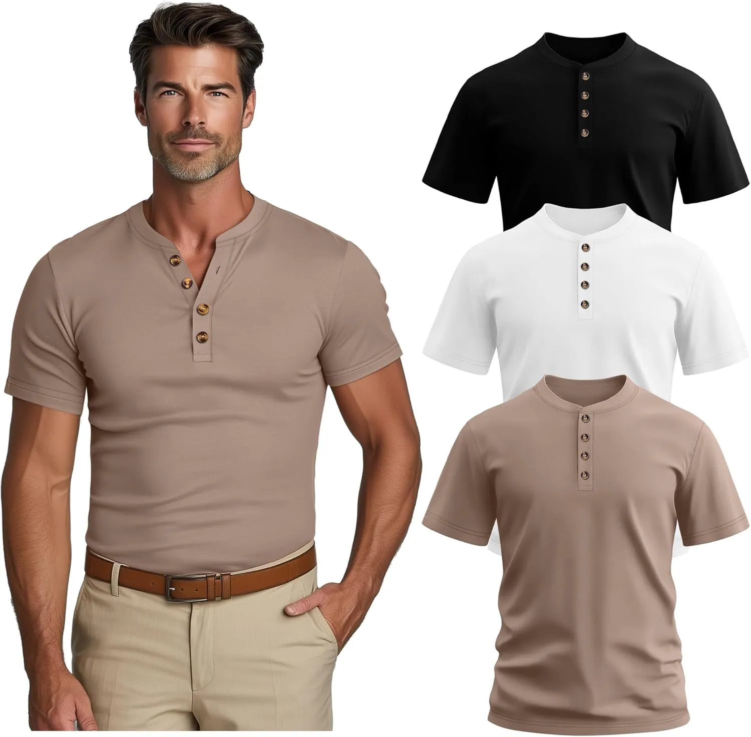 Riyiper 3 Pack Men's Big and Tall Henley T-Shirts Short Sleeve Cotton Plus Size Tees Loose Fit Plus Size Oversized Basic Tops