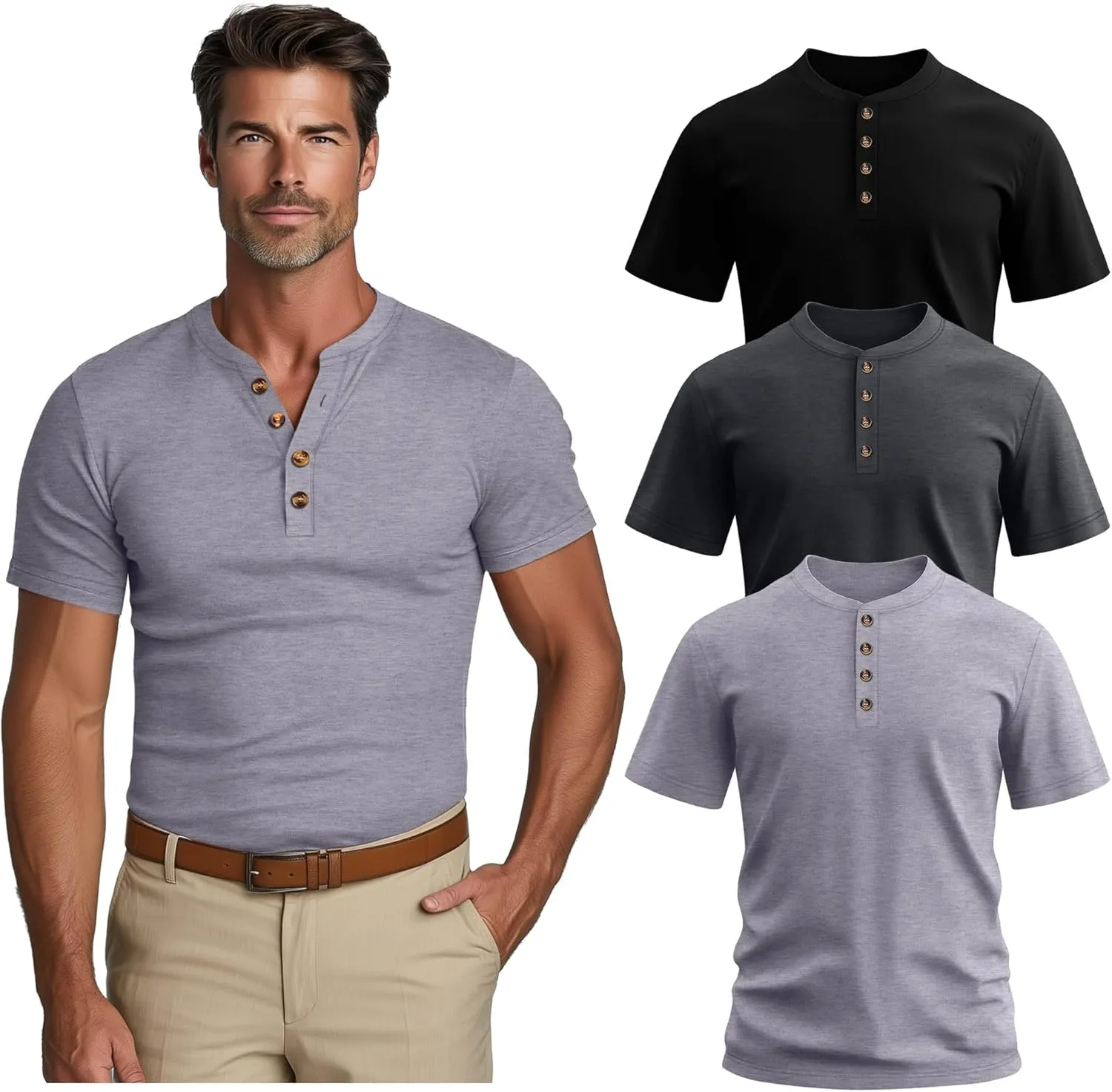 Riyiper 3 Pack Men's Big and Tall Henley T-Shirts Short Sleeve Cotton Plus Size Tees Loose Fit Plus Size Oversized Basic Tops