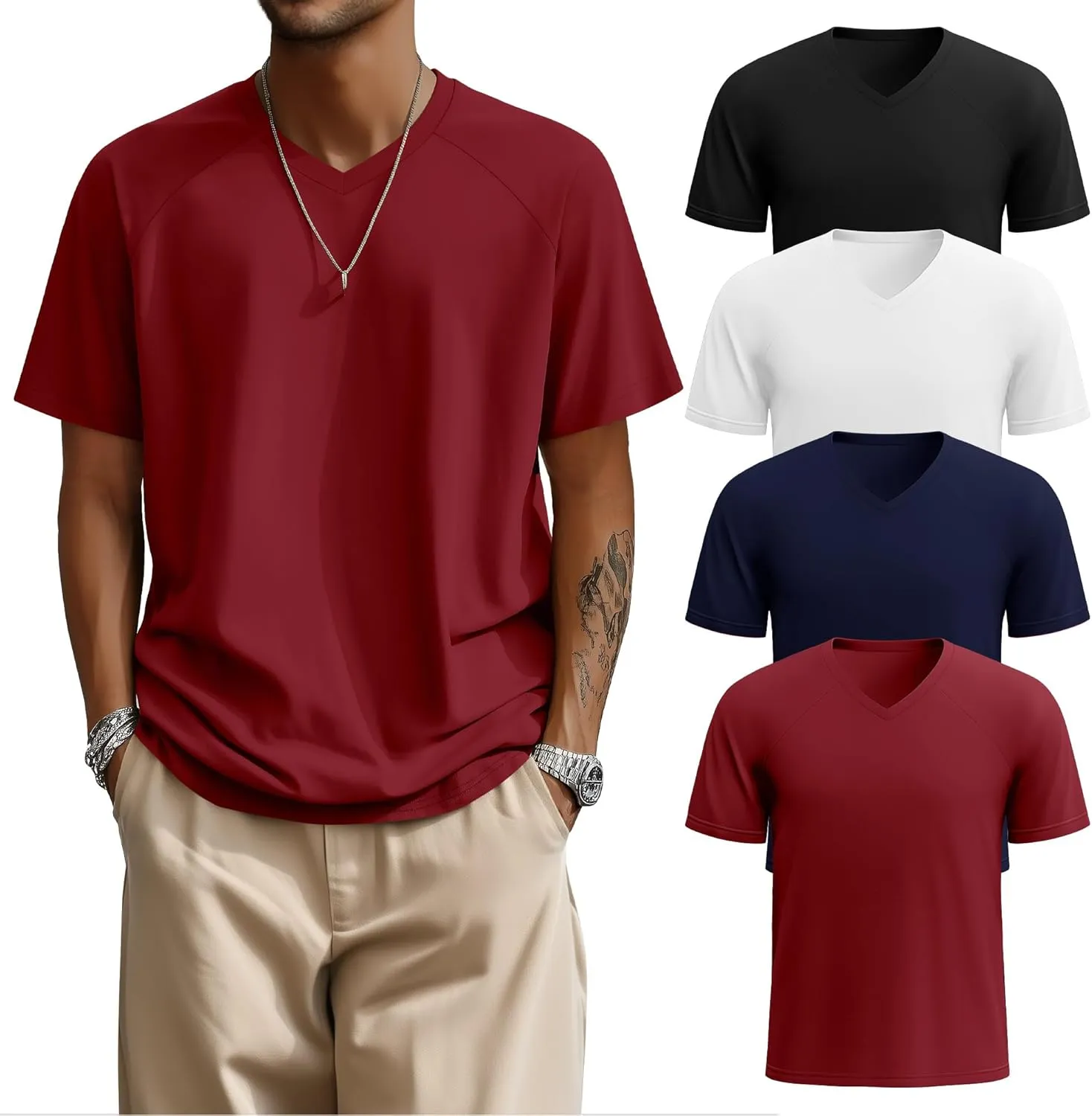 Riyiper 4 Pack Men's Big and Tall V Neck T-Shirts, Raglan Short Sleeve 30% Cotton Oversized Top Casual Summer Basic Tee