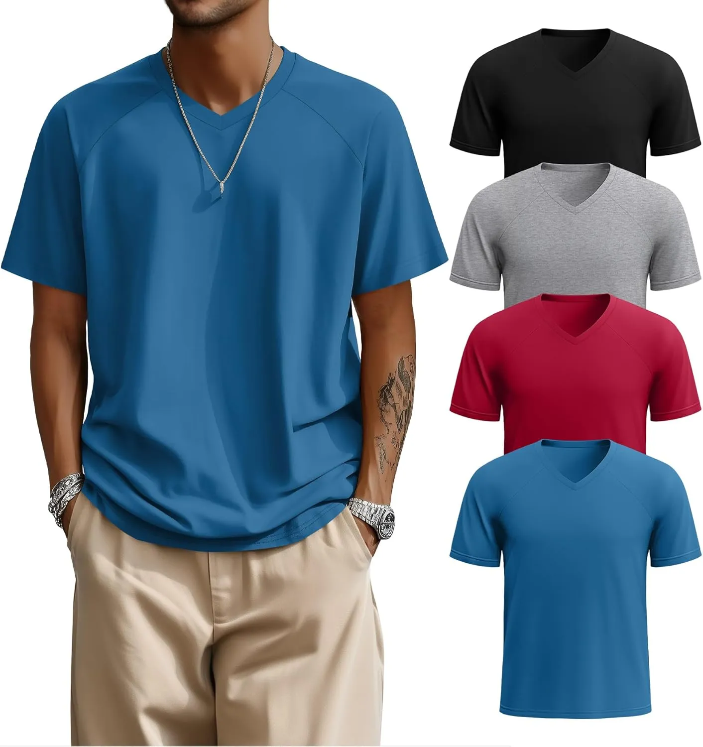 Riyiper 4 Pack Men's Big and Tall V Neck T-Shirts, Raglan Short Sleeve 30% Cotton Oversized Top Casual Summer Basic Tee