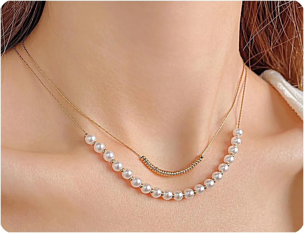 Rnivida 18k Gold Plated Stacked Necklaces for Women,Simulated Dainty Pearl Strand Layered Necklace Stylish Summer Jewelry Gift