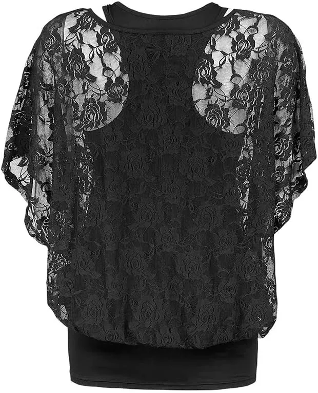 Rosegal Women Plus Size Skew Neck Sheer Lace Blouse and Racerback Tank Top Casual Crew Neck T-Shirt Summer Tops