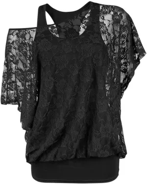 Rosegal Women Plus Size Skew Neck Sheer Lace Blouse and Racerback Tank Top Casual Crew Neck T-Shirt Summer Tops
