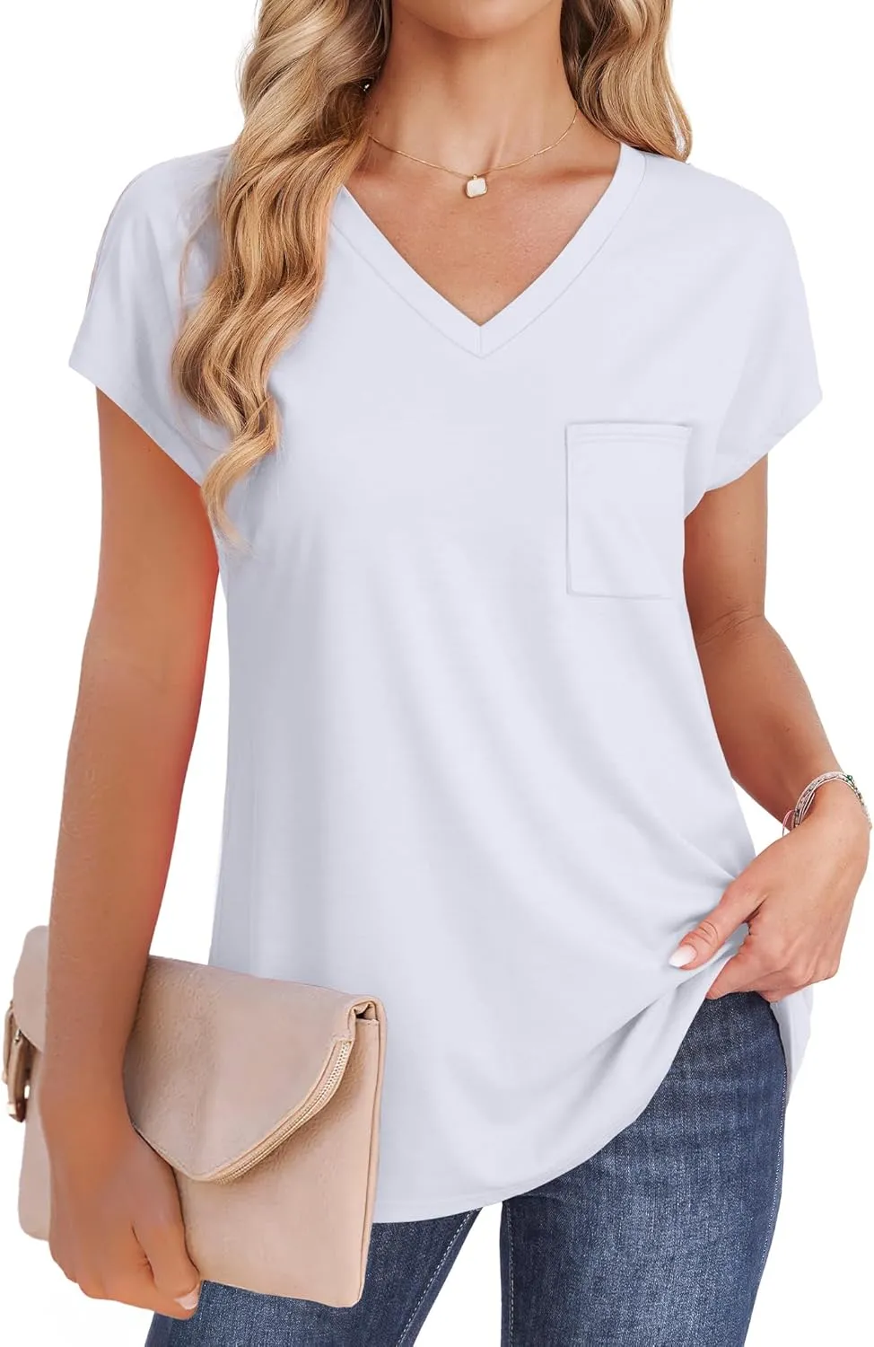 SAMPEEL Womens T Shirts V Neck Cap Short Sleeve Summer Tops Trendy 2025 Loose Casual Tshirts with Pocket