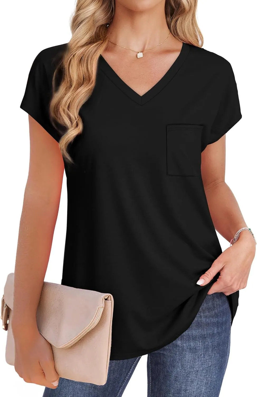SAMPEEL Womens T Shirts V Neck Cap Short Sleeve Summer Tops Trendy 2025 Loose Casual Tshirts with Pocket