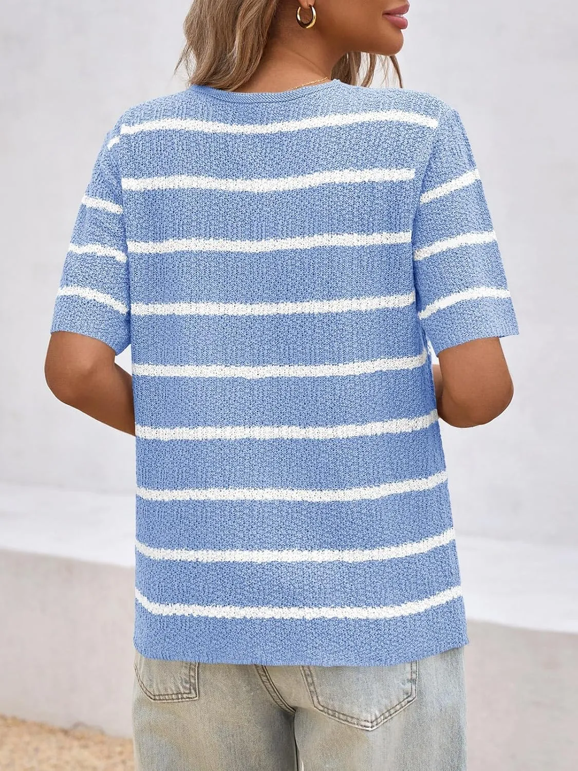 Saodimallsu Womens Summer Short Sleeve Sweater Tops Striped V Neck T Shirts Casual Loose Fit 2025 Trendy Knit Top