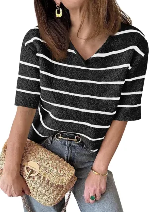 Saodimallsu Womens Summer Short Sleeve Sweater Tops Striped V Neck T Shirts Casual Loose Fit 2025 Trendy Knit Top