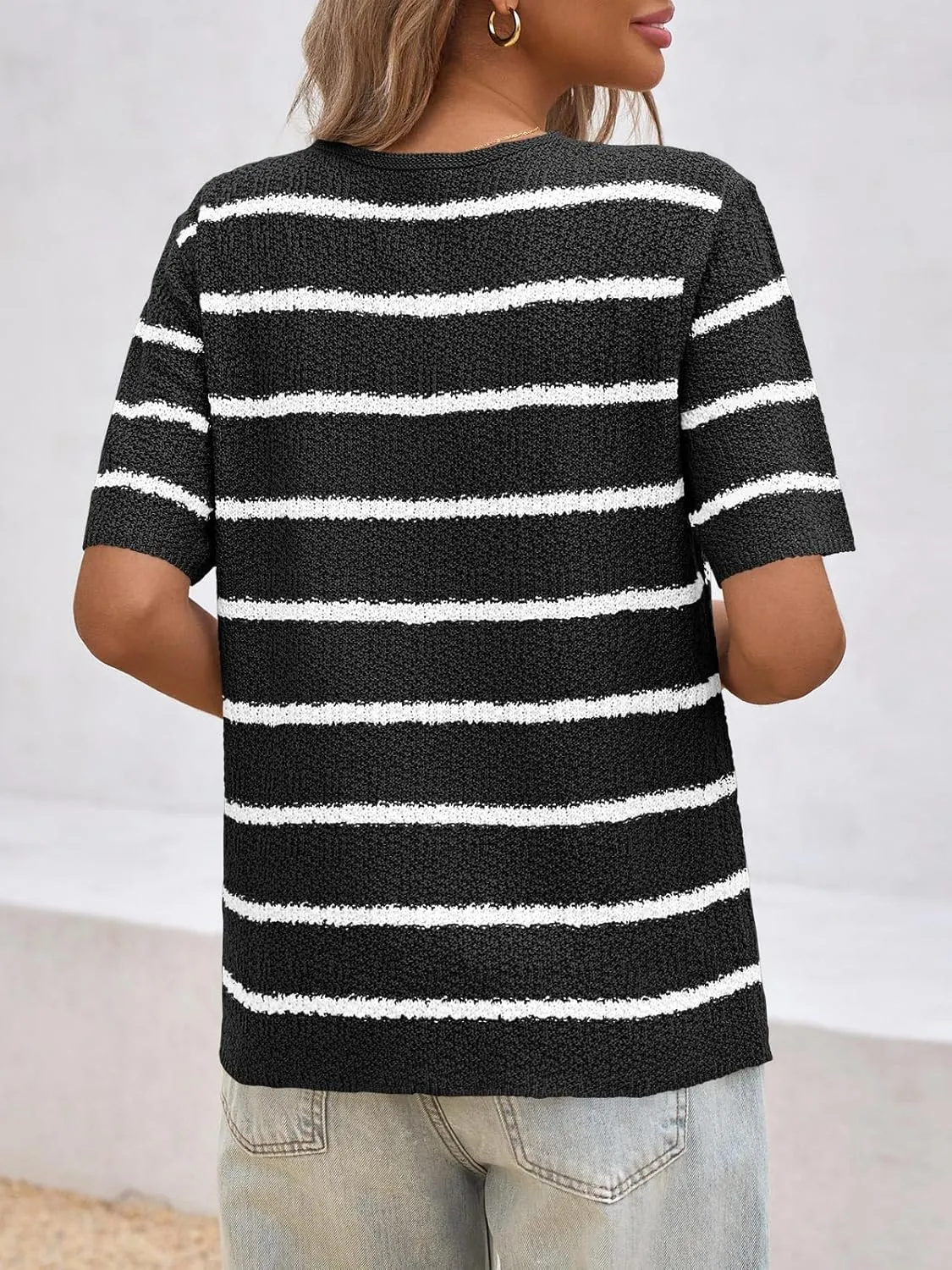 Saodimallsu Womens Summer Short Sleeve Sweater Tops Striped V Neck T Shirts Casual Loose Fit 2025 Trendy Knit Top