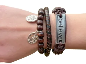 Set Of Three Bracelets, Catholic Jewelry For Men Women, Wooden Prayer Beads, Leather Bracelet, Choose Your Saint Bracelet Religious Medal