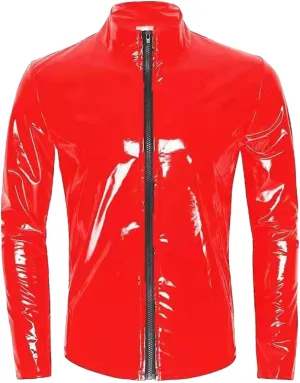 Sexy Latex Glossy Leather Shirt for Men Long Sleeve Wetlook Coat Zipper Jacket Casual Tops Disco Blouse T-Shirts Red