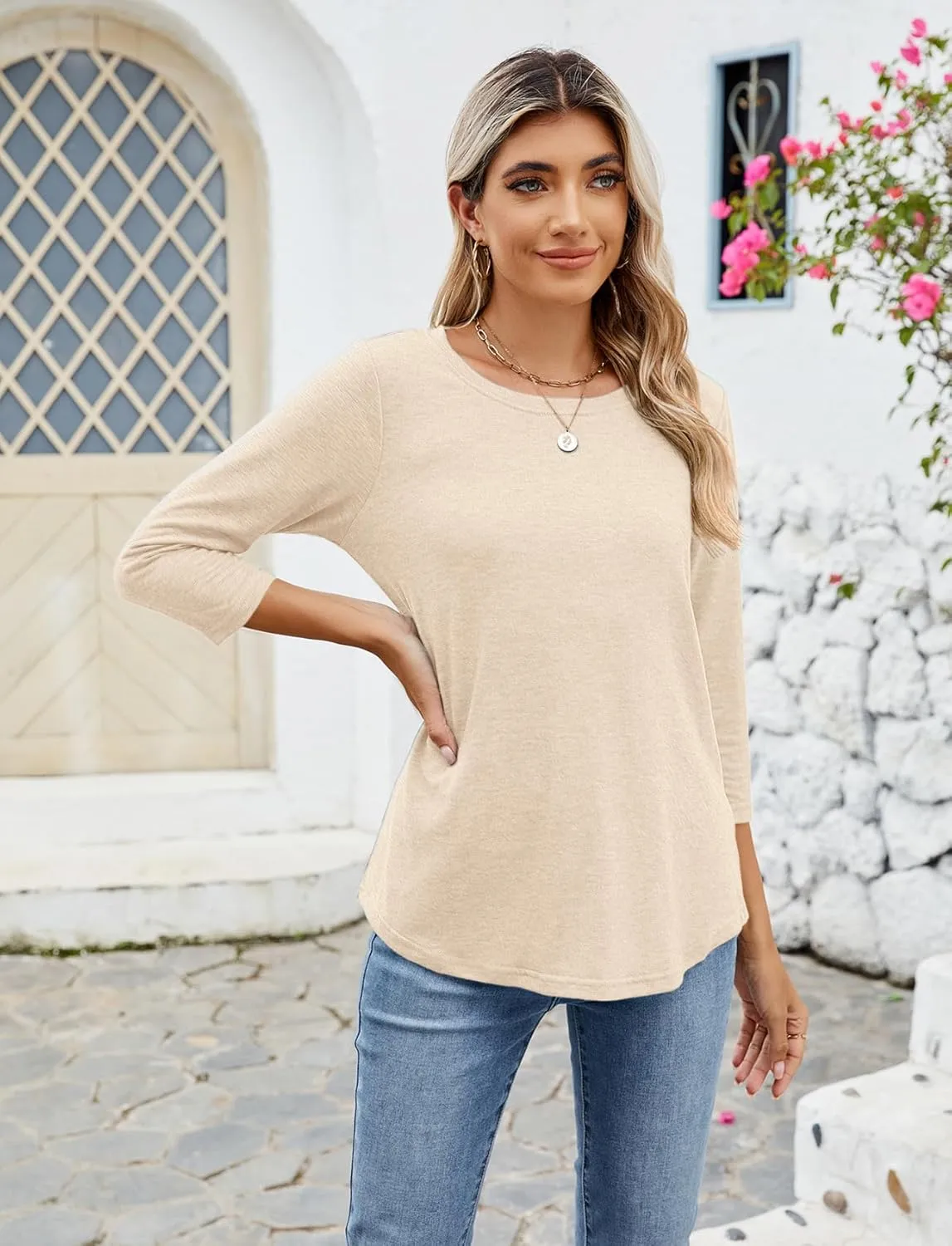Sherosa Womens Casual 3/4 Sleeve T Shirts Crew Neck Loose Fit Tunic Tops Solid Basic Tops Tees