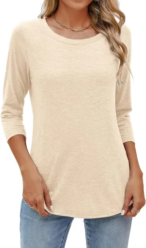 Sherosa Womens Casual 3/4 Sleeve T Shirts Crew Neck Loose Fit Tunic Tops Solid Basic Tops Tees