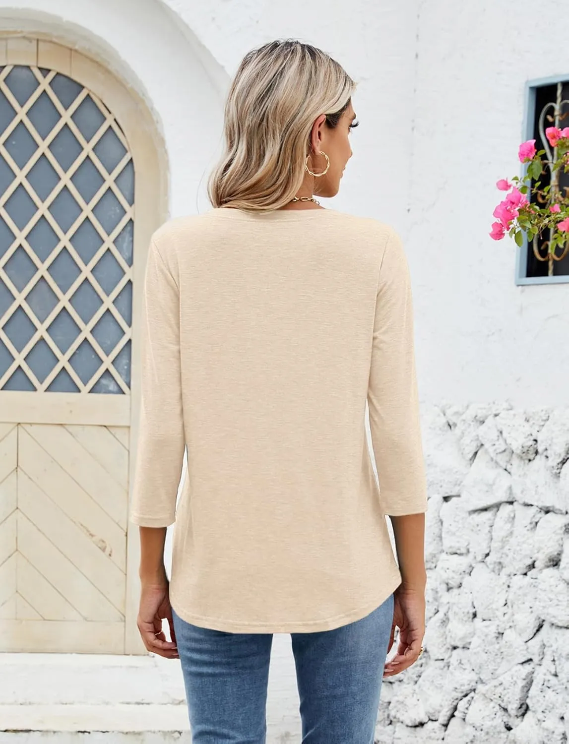 Sherosa Womens Casual 3/4 Sleeve T Shirts Crew Neck Loose Fit Tunic Tops Solid Basic Tops Tees