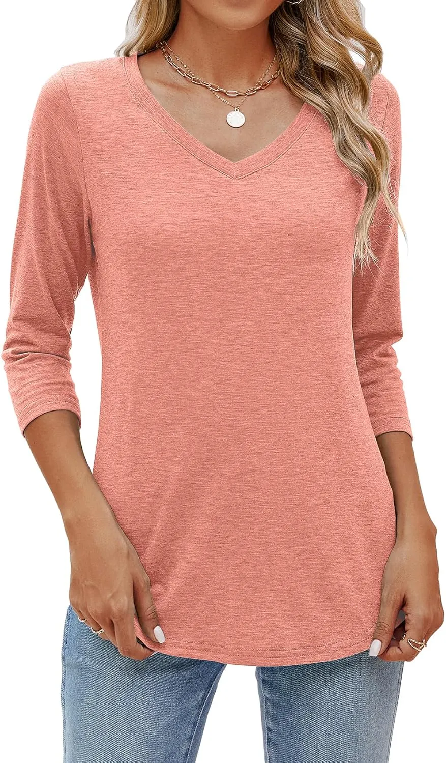 Sherosa Womens V Neck 3/4 Sleeve T Shirts Loose Fit Shirts Casual Solid Basic Tops Tees Blouses