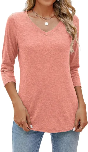 Sherosa Womens V Neck 3/4 Sleeve T Shirts Loose Fit Shirts Casual Solid Basic Tops Tees Blouses