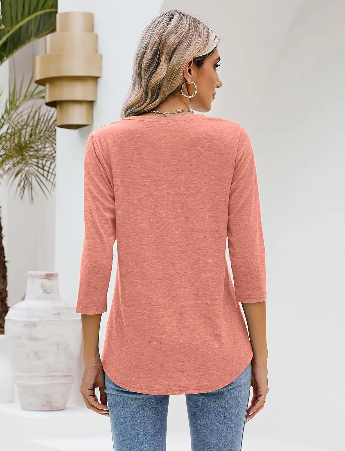 Sherosa Womens V Neck 3/4 Sleeve T Shirts Loose Fit Shirts Casual Solid Basic Tops Tees Blouses