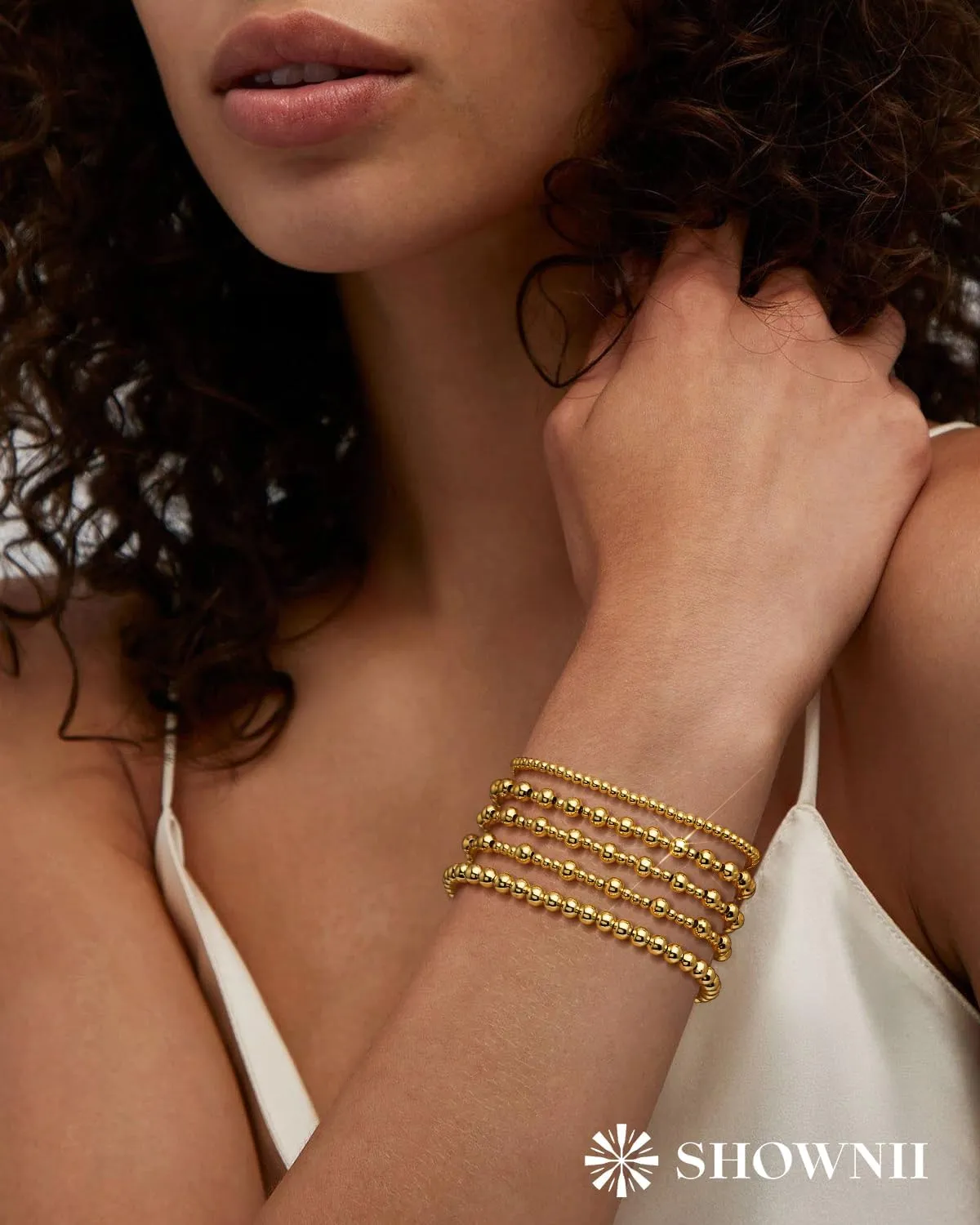 shownii Gold Bracelets for Women - 14K Gold Plated Stretch Beaded Bracelets Stackable Bead Ball Adjustable Jewelry Set with Cross Graduation Gifts for Her