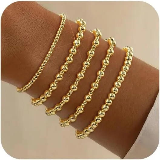 shownii Gold Bracelets for Women - 14K Gold Plated Stretch Beaded Bracelets Stackable Bead Ball Adjustable Jewelry Set with Cross Graduation Gifts for Her
