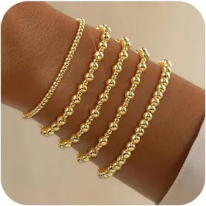 shownii Gold Bracelets for Women - 14K Gold Plated Stretch Beaded Bracelets Stackable Bead Ball Adjustable Jewelry Set with Cross Graduation Gifts for Her