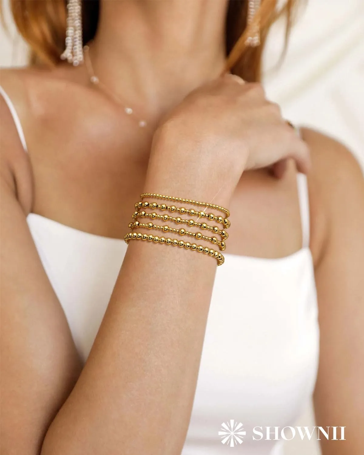 shownii Gold Bracelets for Women - 14K Gold Plated Stretch Beaded Bracelets Stackable Bead Ball Adjustable Jewelry Set with Cross Graduation Gifts for Her