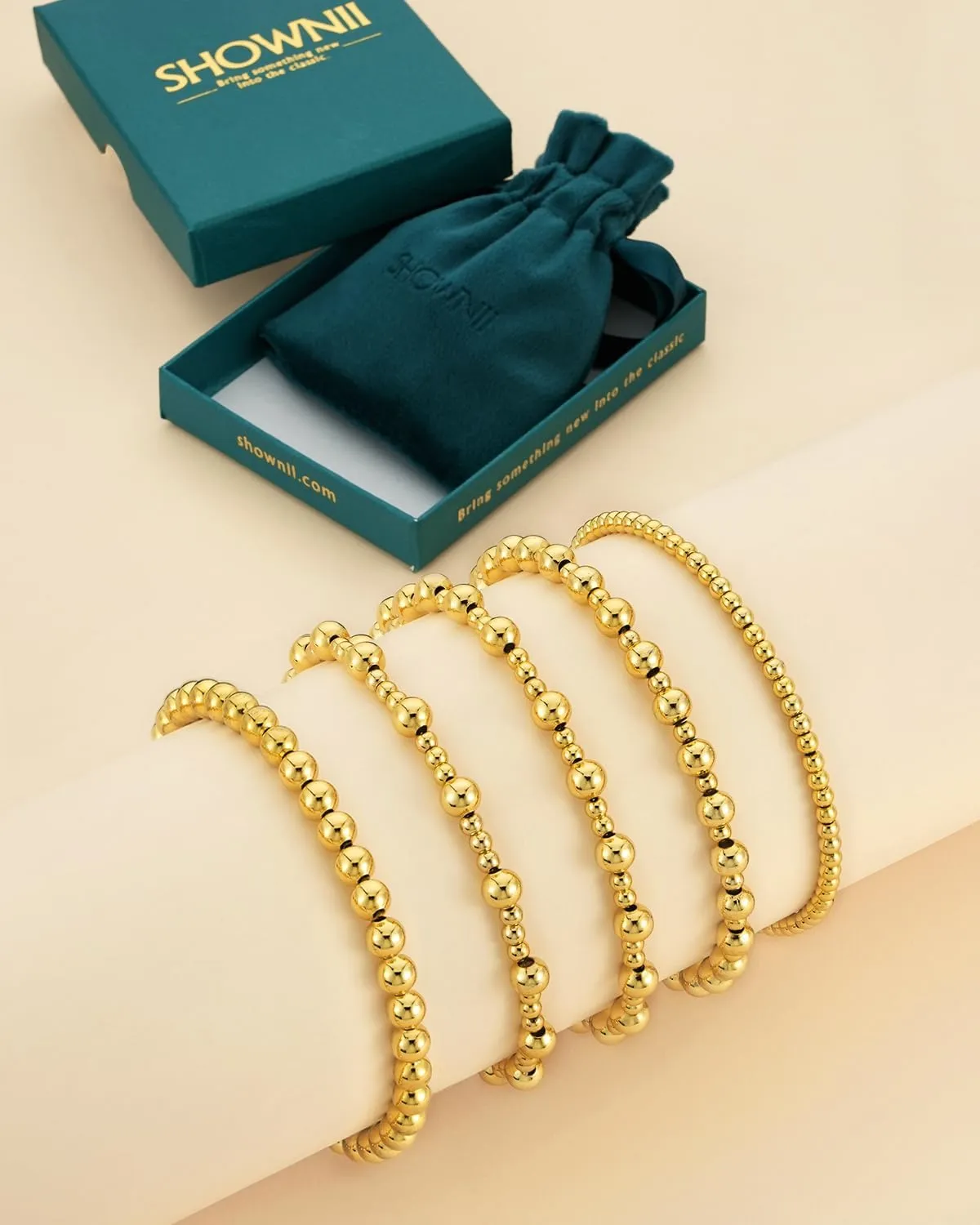 shownii Gold Bracelets for Women - 14K Gold Plated Stretch Beaded Bracelets Stackable Bead Ball Adjustable Jewelry Set with Cross Graduation Gifts for Her
