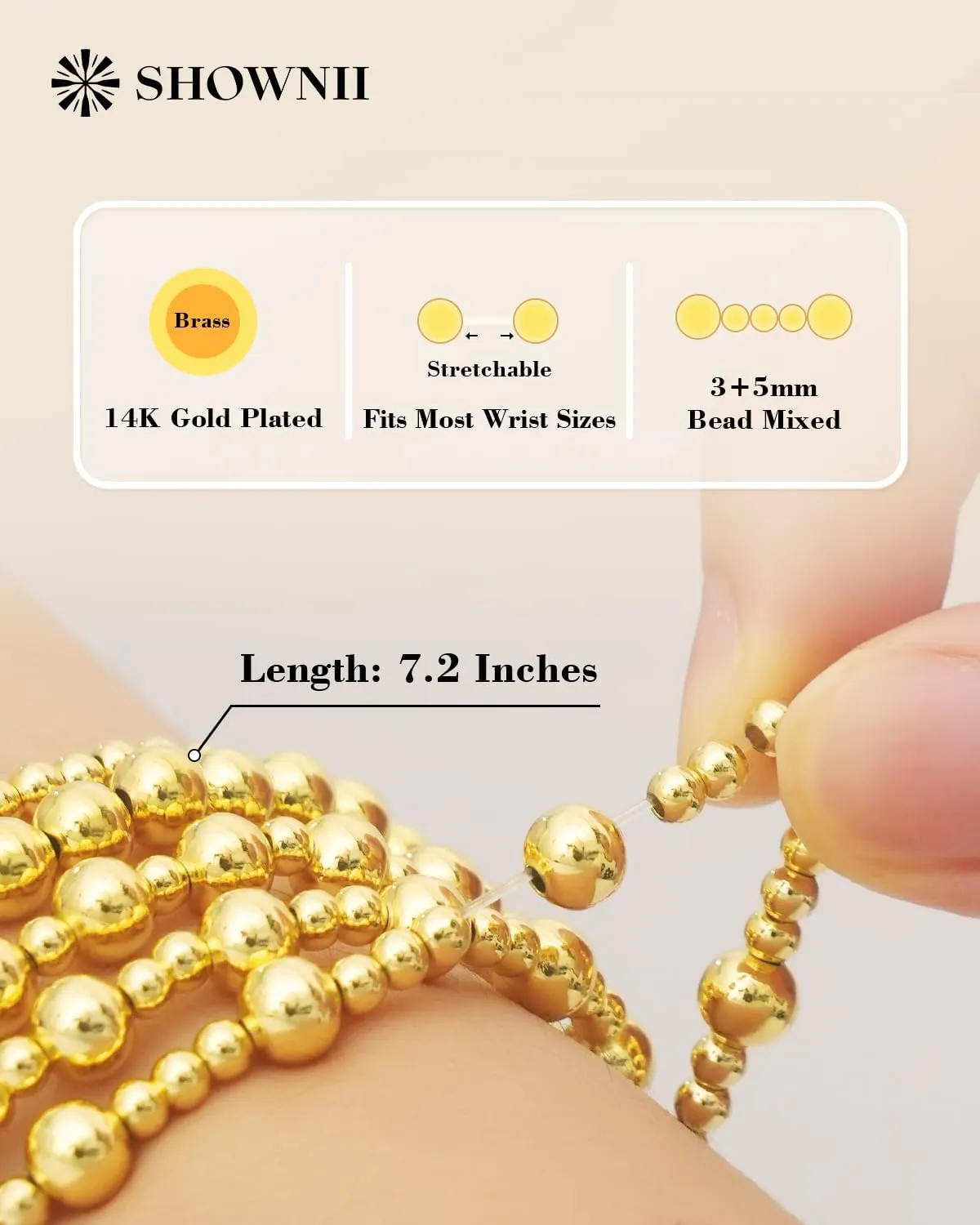 shownii Gold Bracelets for Women - 14K Gold Plated Stretch Beaded Bracelets Stackable Bead Ball Adjustable Jewelry Set with Cross Graduation Gifts for Her