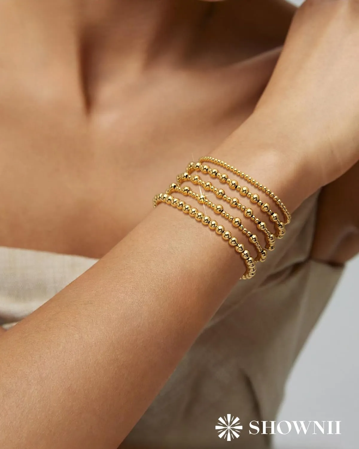 shownii Gold Bracelets for Women - 14K Gold Plated Stretch Beaded Bracelets Stackable Bead Ball Adjustable Jewelry Set with Cross Graduation Gifts for Her