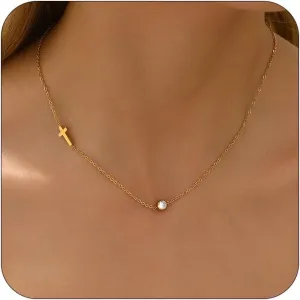 Sideways Cross Necklace for Women 18K Gold Plated Dainty Birthstone Cross Choker Necklace Adjustable Stainless Steel Religious Faith Jewelry