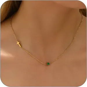 Sideways Cross Necklace for Women 18K Gold Plated Dainty Birthstone Cross Choker Necklace Adjustable Stainless Steel Religious Faith Jewelry
