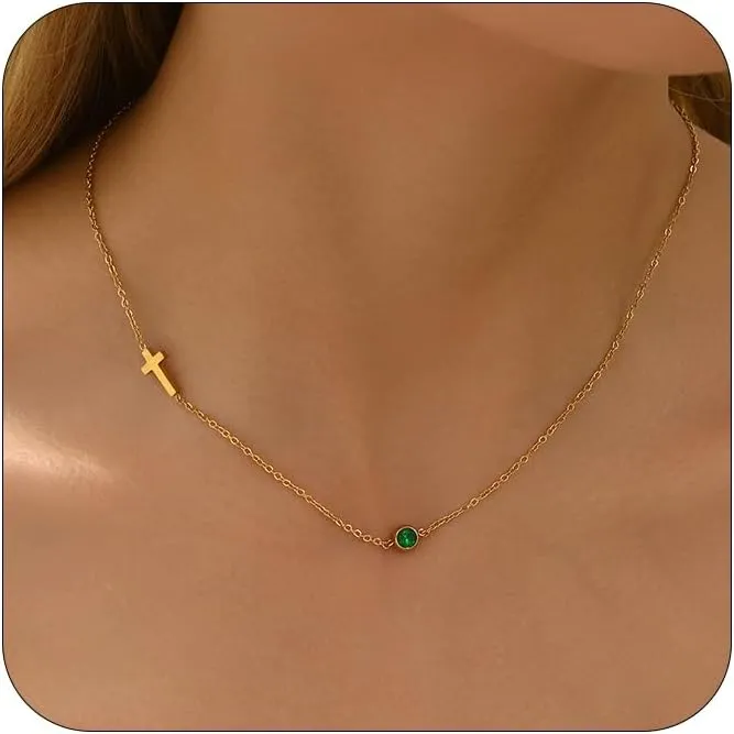 Sideways Cross Necklace for Women 18K Gold Plated Dainty Birthstone Cross Choker Necklace Adjustable Stainless Steel Religious Faith Jewelry