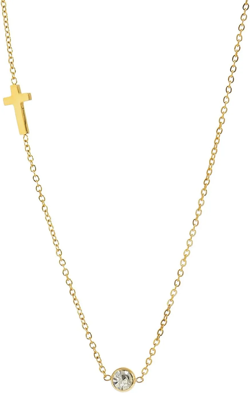 Sideways Cross Necklace for Women 18K Gold Plated Dainty Birthstone Cross Choker Necklace Adjustable Stainless Steel Religious Faith Jewelry