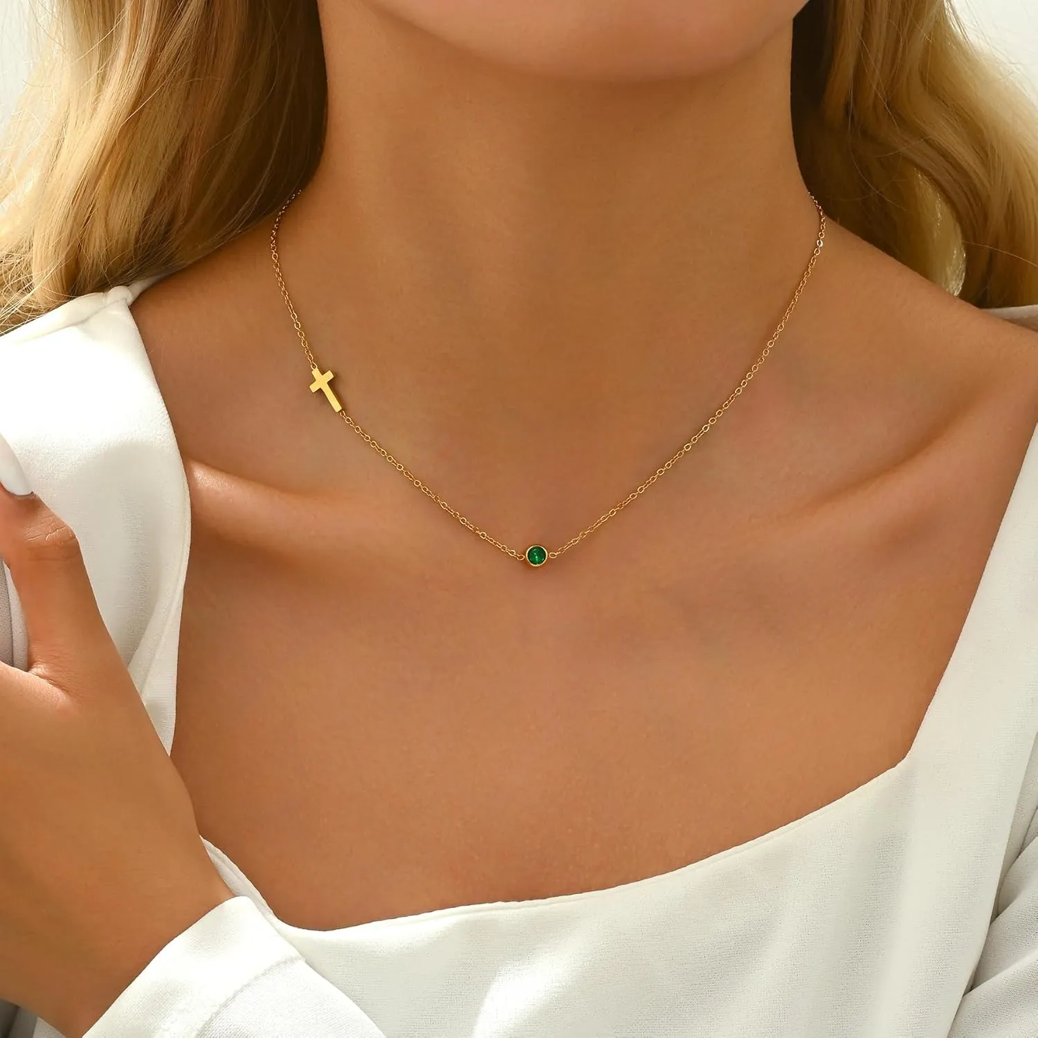Sideways Cross Necklace for Women 18K Gold Plated Dainty Birthstone Cross Choker Necklace Adjustable Stainless Steel Religious Faith Jewelry