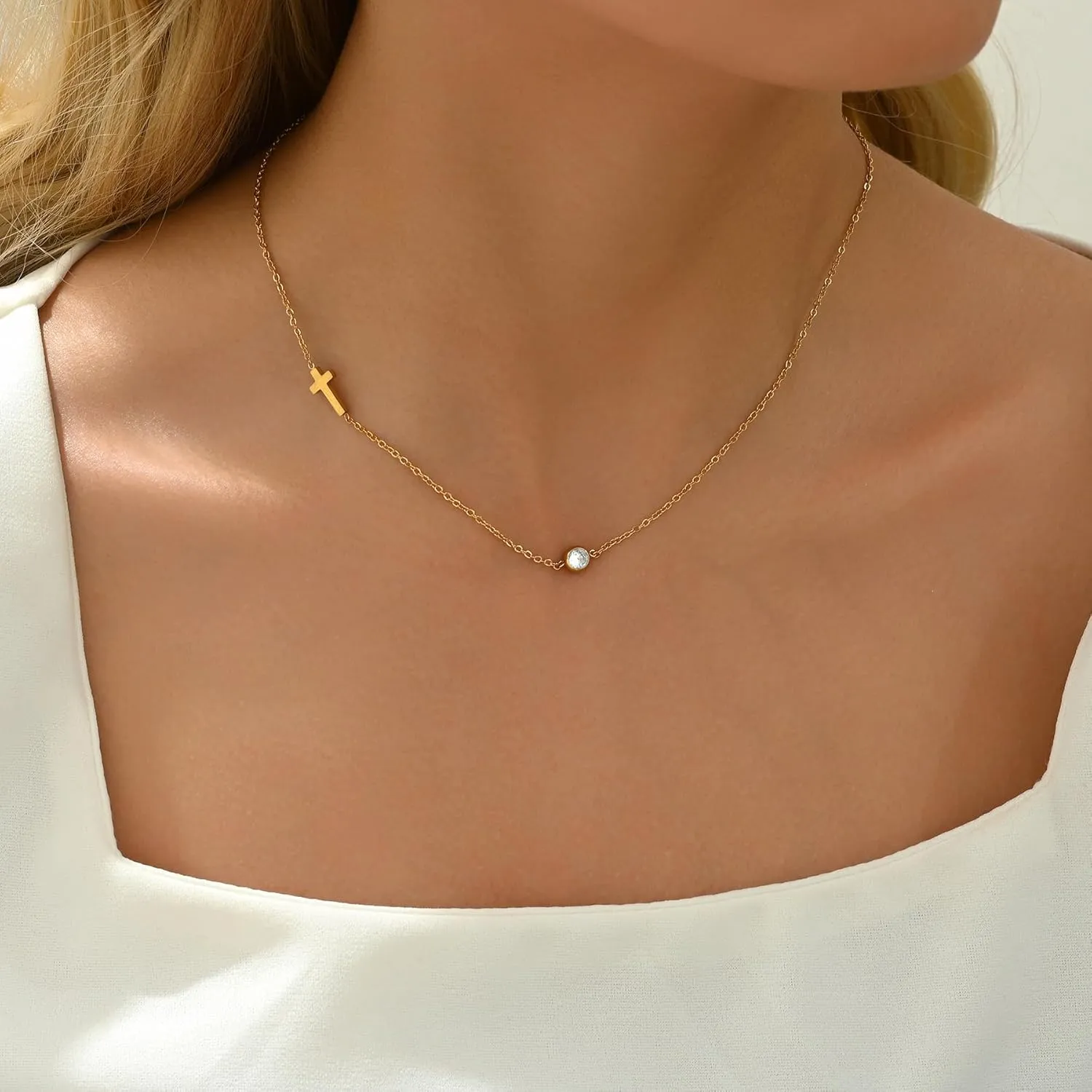 Sideways Cross Necklace for Women 18K Gold Plated Dainty Birthstone Cross Choker Necklace Adjustable Stainless Steel Religious Faith Jewelry
