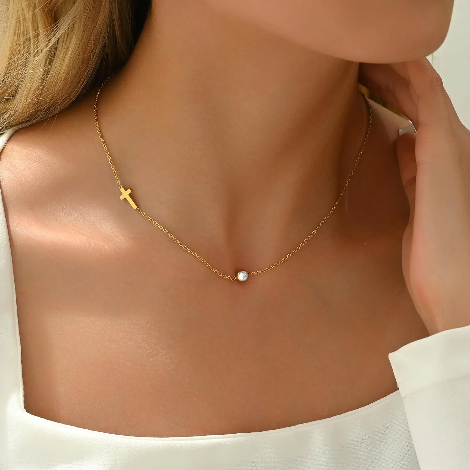Sideways Cross Necklace for Women 18K Gold Plated Dainty Birthstone Cross Choker Necklace Adjustable Stainless Steel Religious Faith Jewelry