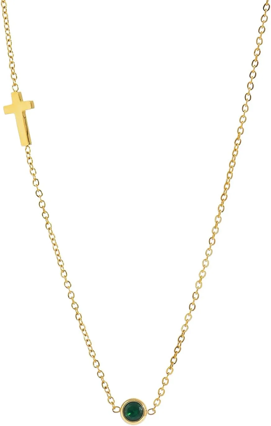 Sideways Cross Necklace for Women 18K Gold Plated Dainty Birthstone Cross Choker Necklace Adjustable Stainless Steel Religious Faith Jewelry