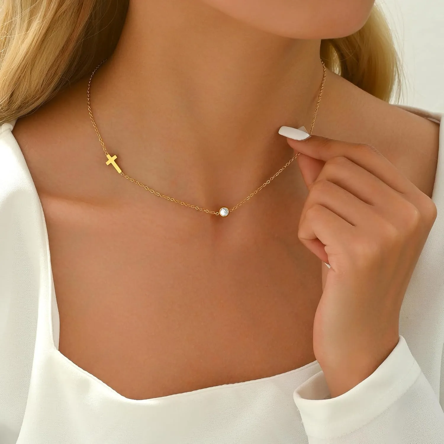 Sideways Cross Necklace for Women 18K Gold Plated Dainty Birthstone Cross Choker Necklace Adjustable Stainless Steel Religious Faith Jewelry
