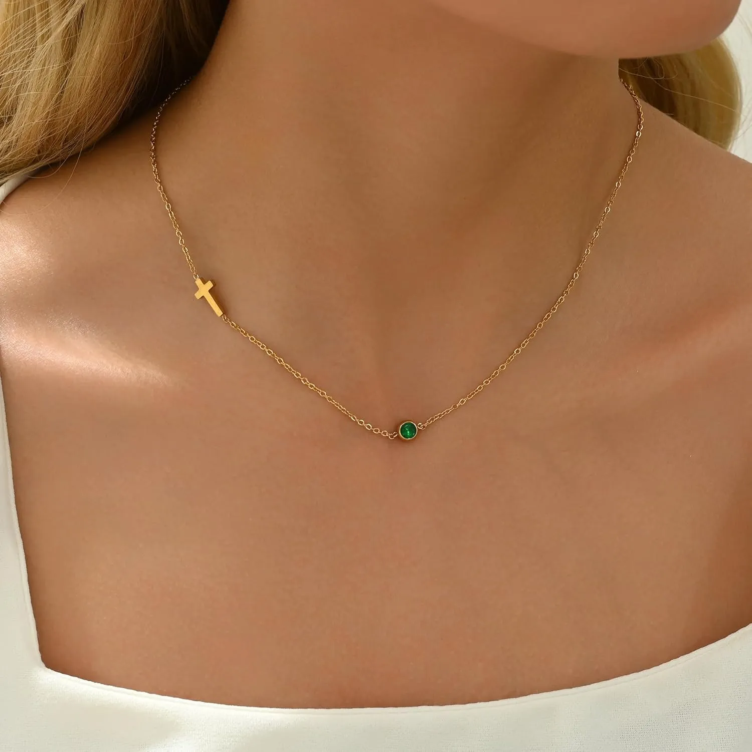 Sideways Cross Necklace for Women 18K Gold Plated Dainty Birthstone Cross Choker Necklace Adjustable Stainless Steel Religious Faith Jewelry