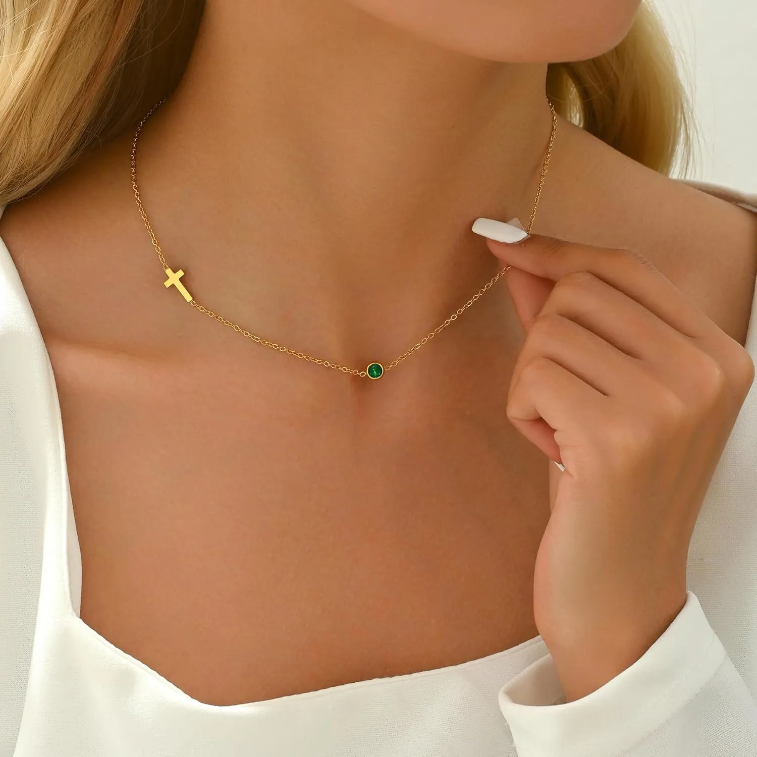 Sideways Cross Necklace for Women 18K Gold Plated Dainty Birthstone Cross Choker Necklace Adjustable Stainless Steel Religious Faith Jewelry