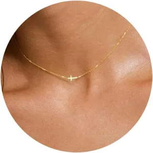 Sideways Cross Necklace for Women, Cute 14k Gold Plated Cross Necklaces Dainty Gold Necklace for Women Simple Gold Cross Choker Necklaces Trendy Gold Necklace Jewelry for Women