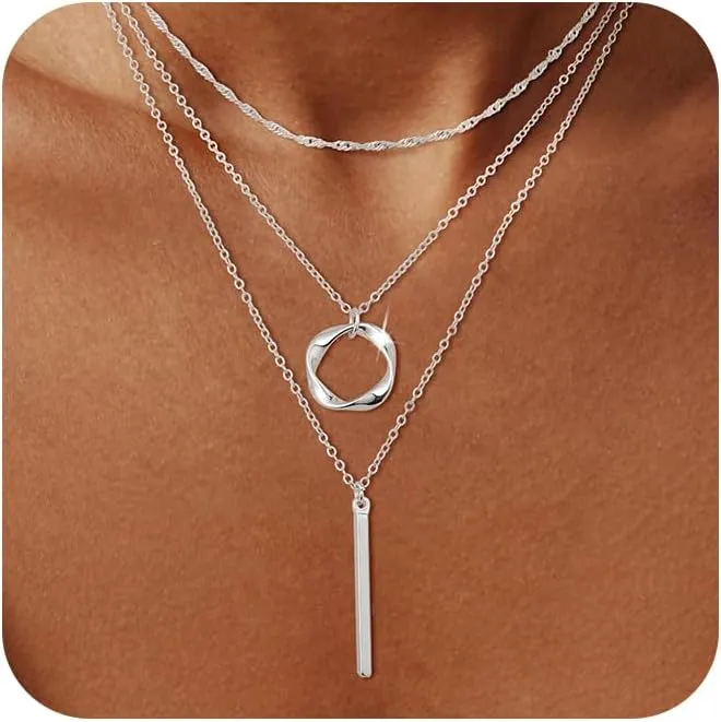 Silver Layered Necklaces for Women, Stackable Dainty Silver Choker Necklaces for Women Trendy Layering Circle Bar Pendant Chain Necklace Fashion Jewelry Set Gifts for Women Teen Girls