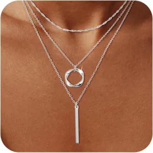 Silver Layered Necklaces for Women, Stackable Dainty Silver Choker Necklaces for Women Trendy Layering Circle Bar Pendant Chain Necklace Fashion Jewelry Set Gifts for Women Teen Girls