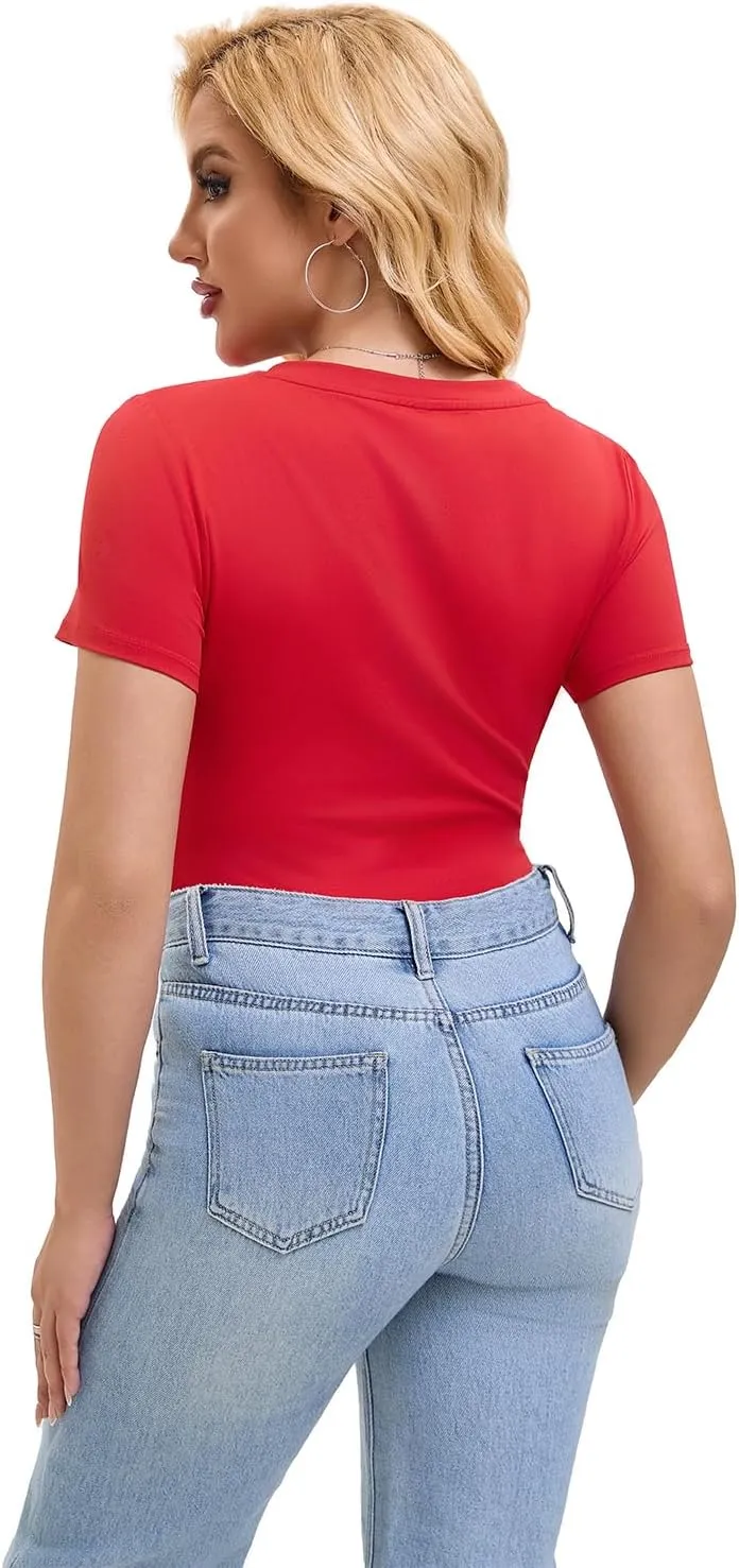 SKYZOO Short Sleve V Neck T Shirts Crop Tops for Women Cute Trendy Going Out Summer Tops 2025