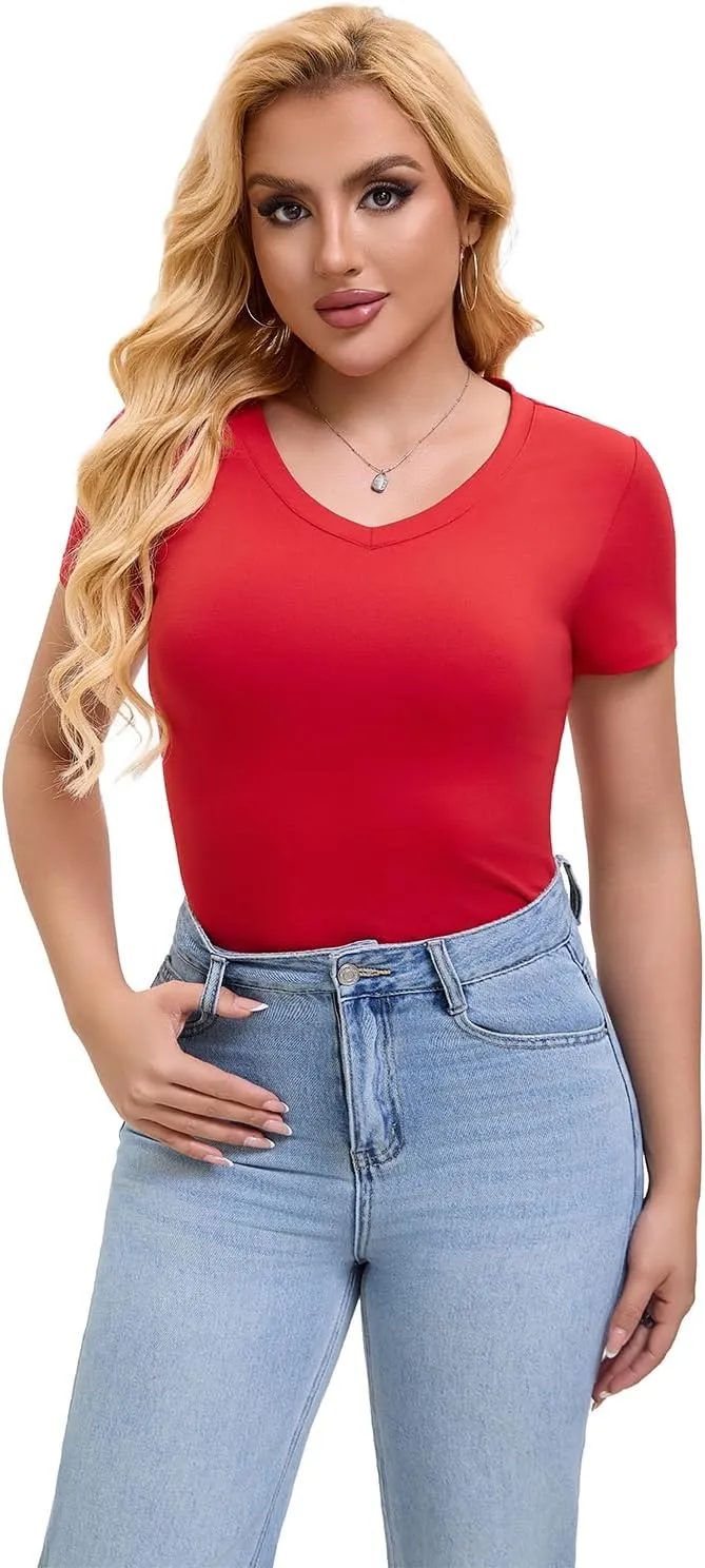 SKYZOO Short Sleve V Neck T Shirts Crop Tops for Women Cute Trendy Going Out Summer Tops 2025