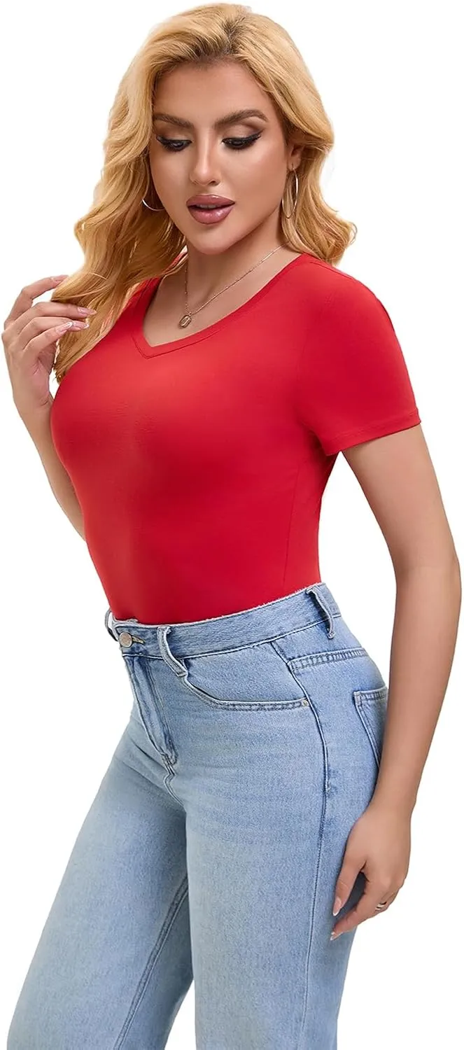 SKYZOO Short Sleve V Neck T Shirts Crop Tops for Women Cute Trendy Going Out Summer Tops 2025